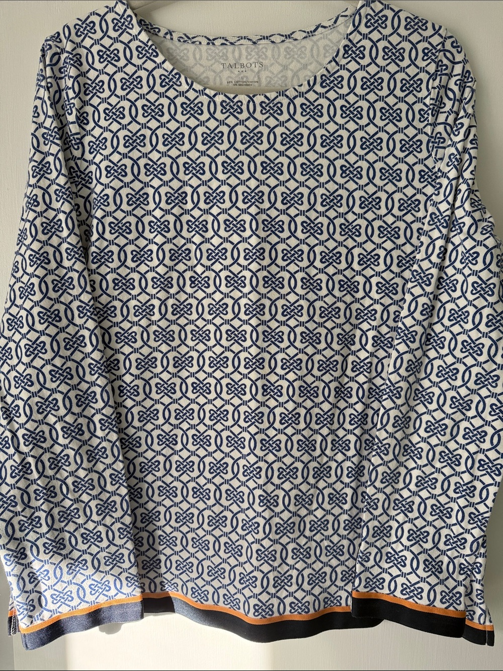 Talbots Navy & White Geometric Long-Sleeve Top with Tan Trim